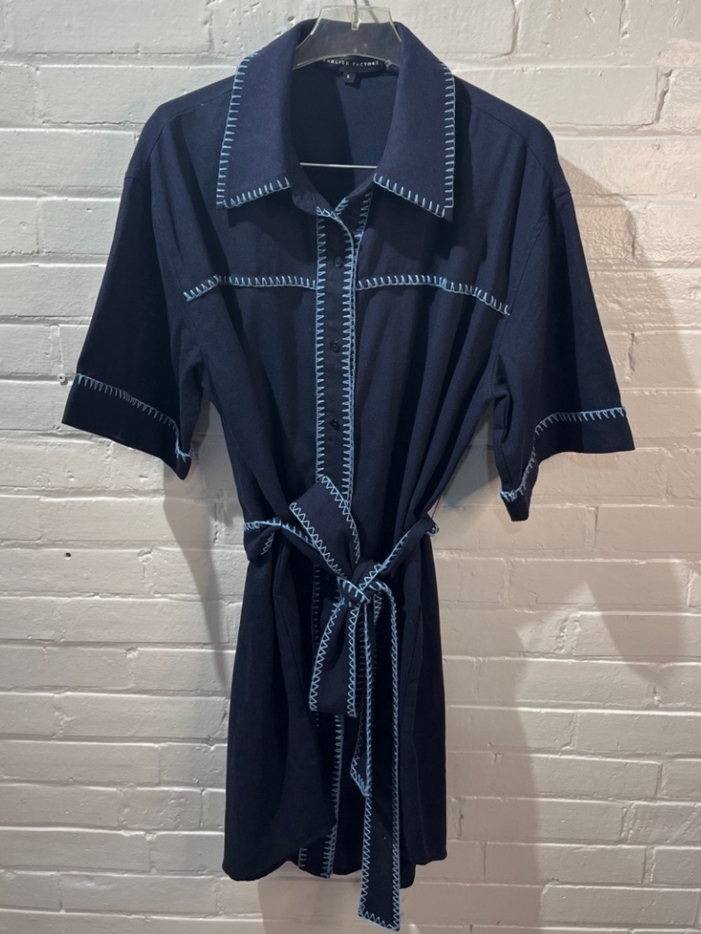 NWOT Navy Shirt linen/ cotton shirt Dress with contrast Stitch Trim